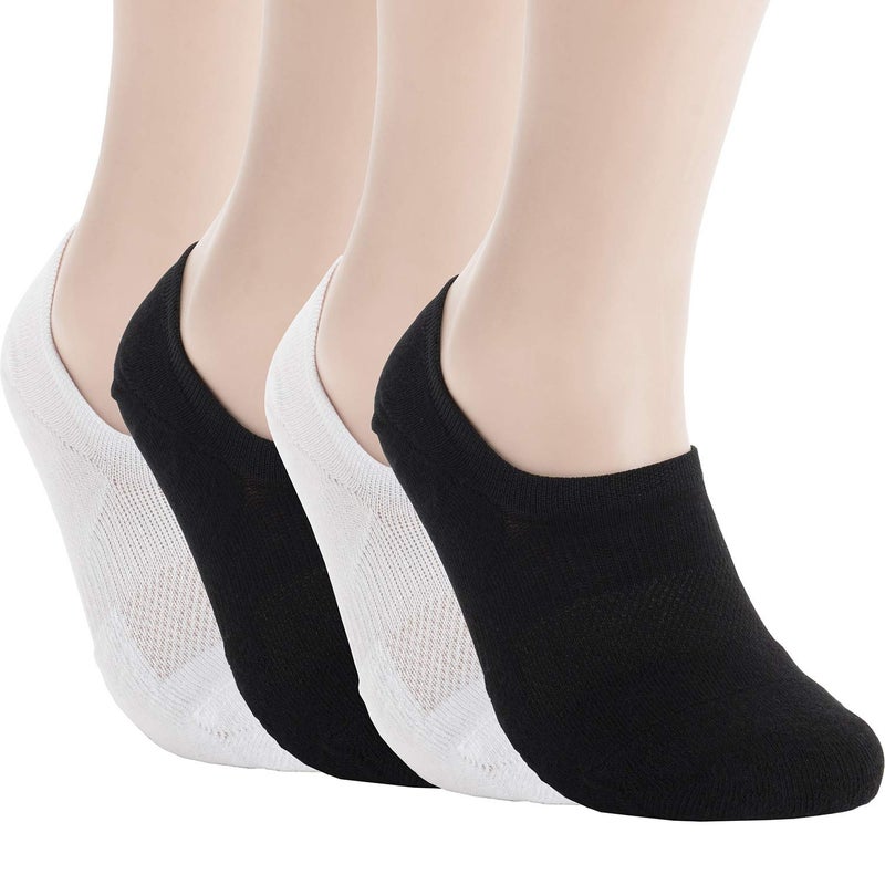 Pro Mountain No Show Socks Women Wide Toe Box For Health Y Heel Forefoot Size M Black + White 4 Pack Cotton Cushion Footies Sneakers US Shoe 8-10 - Image 1